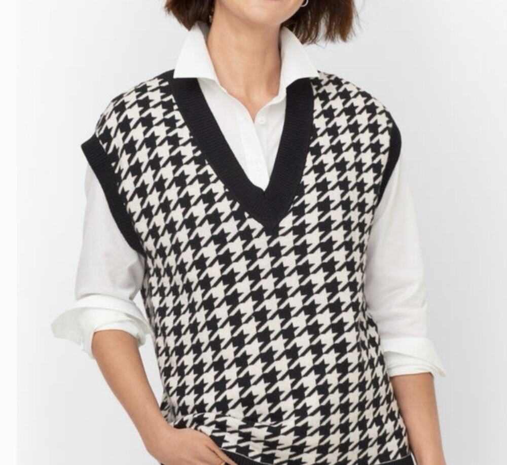 Talbots Houndstooth Vest Size P/XS Pullover White Black V-Neck Preppy Office